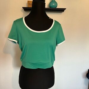 Retro Vintage Sportswear Green Scoop Neck Short Sleeve Top with White Trim